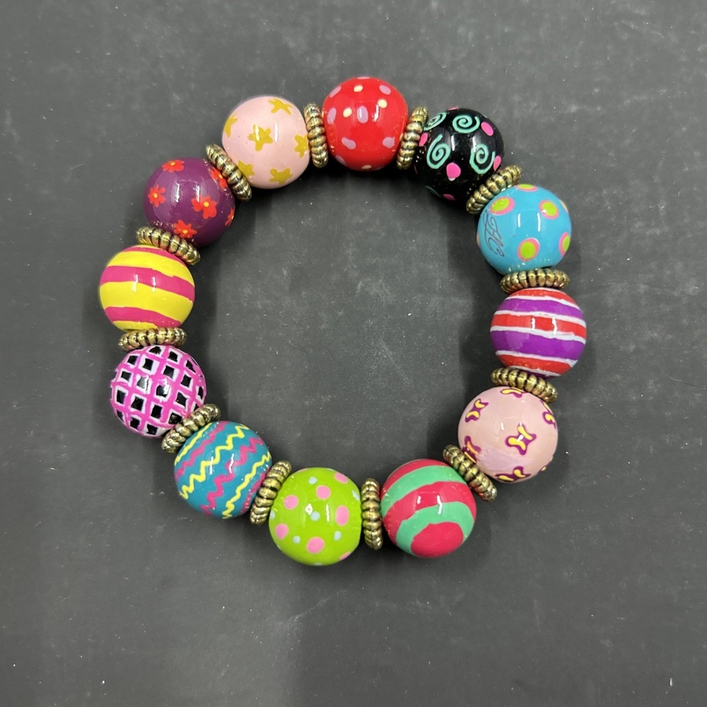 Vintage Chunky Beaded Folk Art‎ Stretch Bracelet